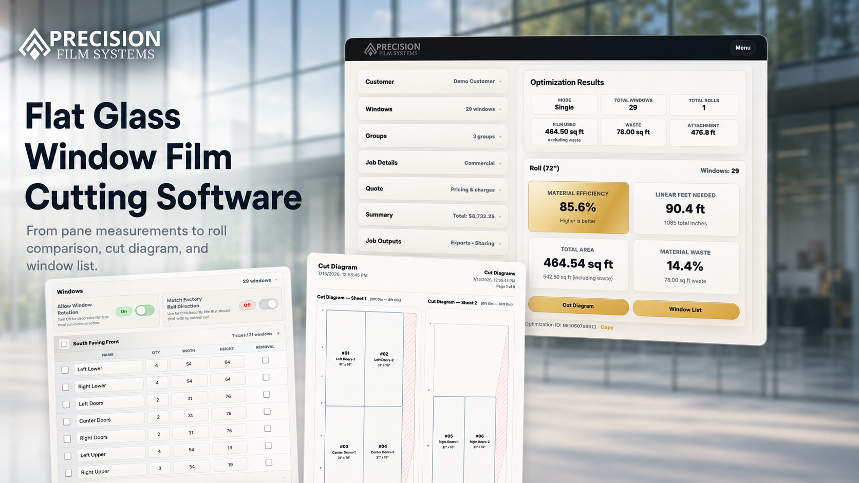 Precision Film Systems flat glass window film cutting software graphic showing pane measurements, roll comparison, cut diagram, and window list output