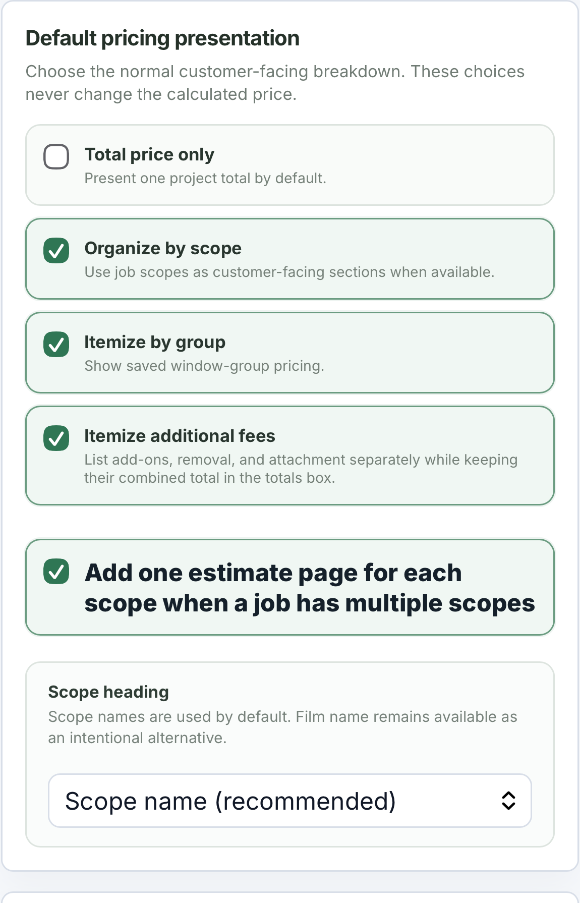 Precision Film Systems estimate packet settings showing pricing presentation controls for total price, organize by scope, itemize by group, itemize additional fees, and add one estimate page per scope