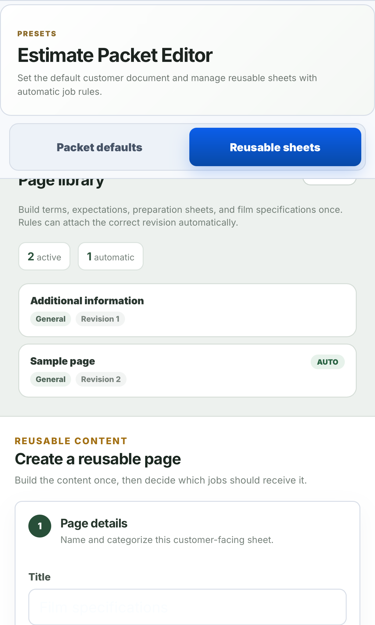 Precision Film Systems reusable sheets library showing active sheets, automatic attachment rules, and a reusable page editor for estimate packet content