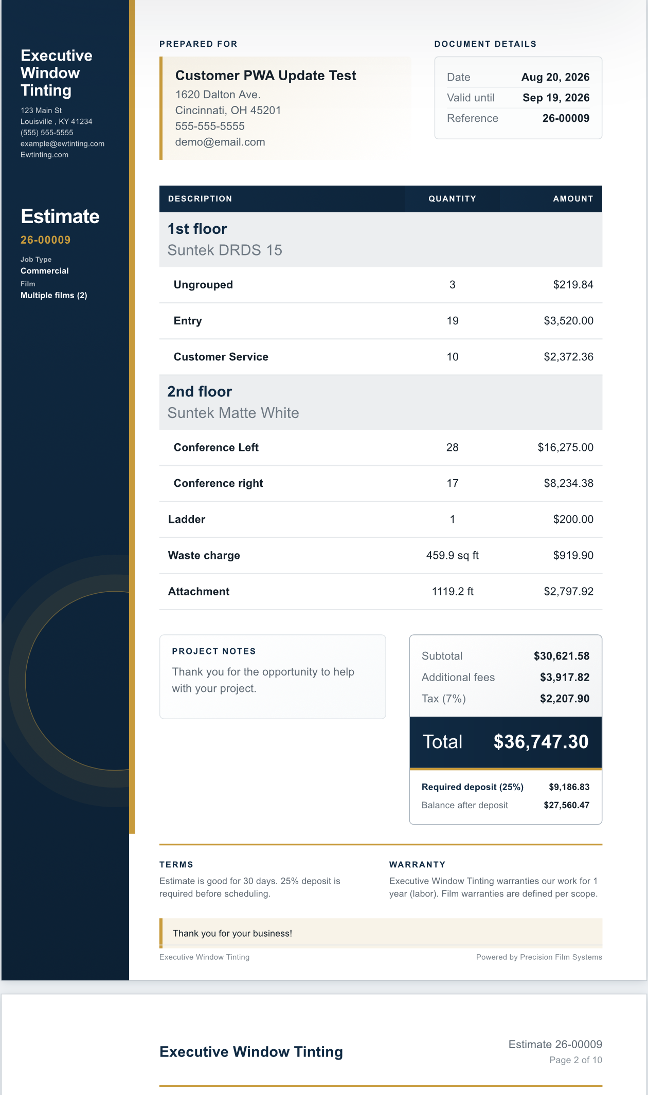 Precision Film Systems branded estimate preview with scope sections, film names, itemized groups, additional fees, total price, required deposit, terms, and warranty details