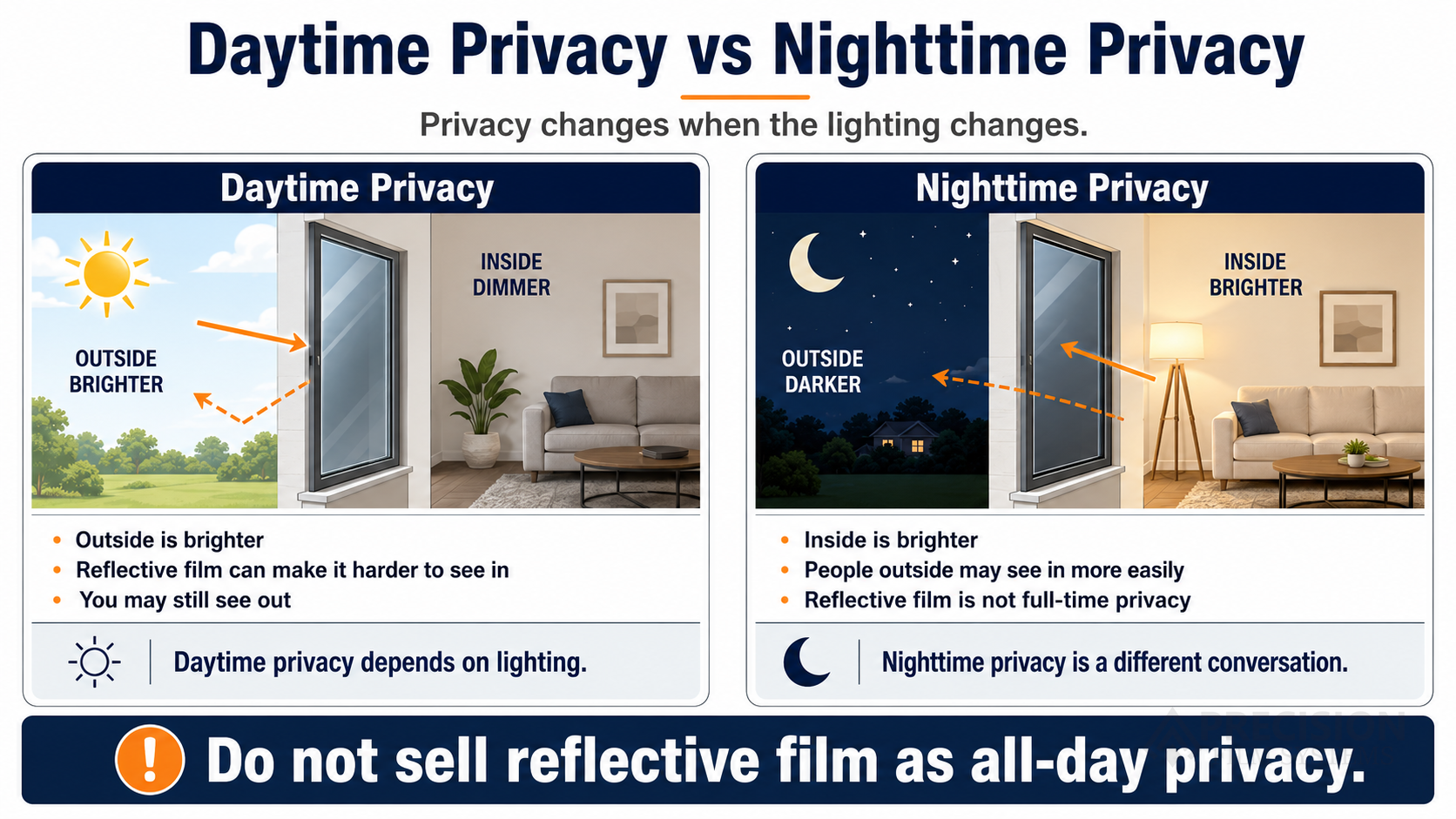 Infographic comparing daytime privacy and nighttime privacy with reflective window film