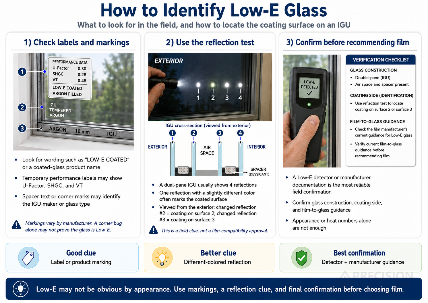 How to identify Low-E glass field guide showing labels, reflection testing, IGU surfaces, and detector confirmation before recommending window film