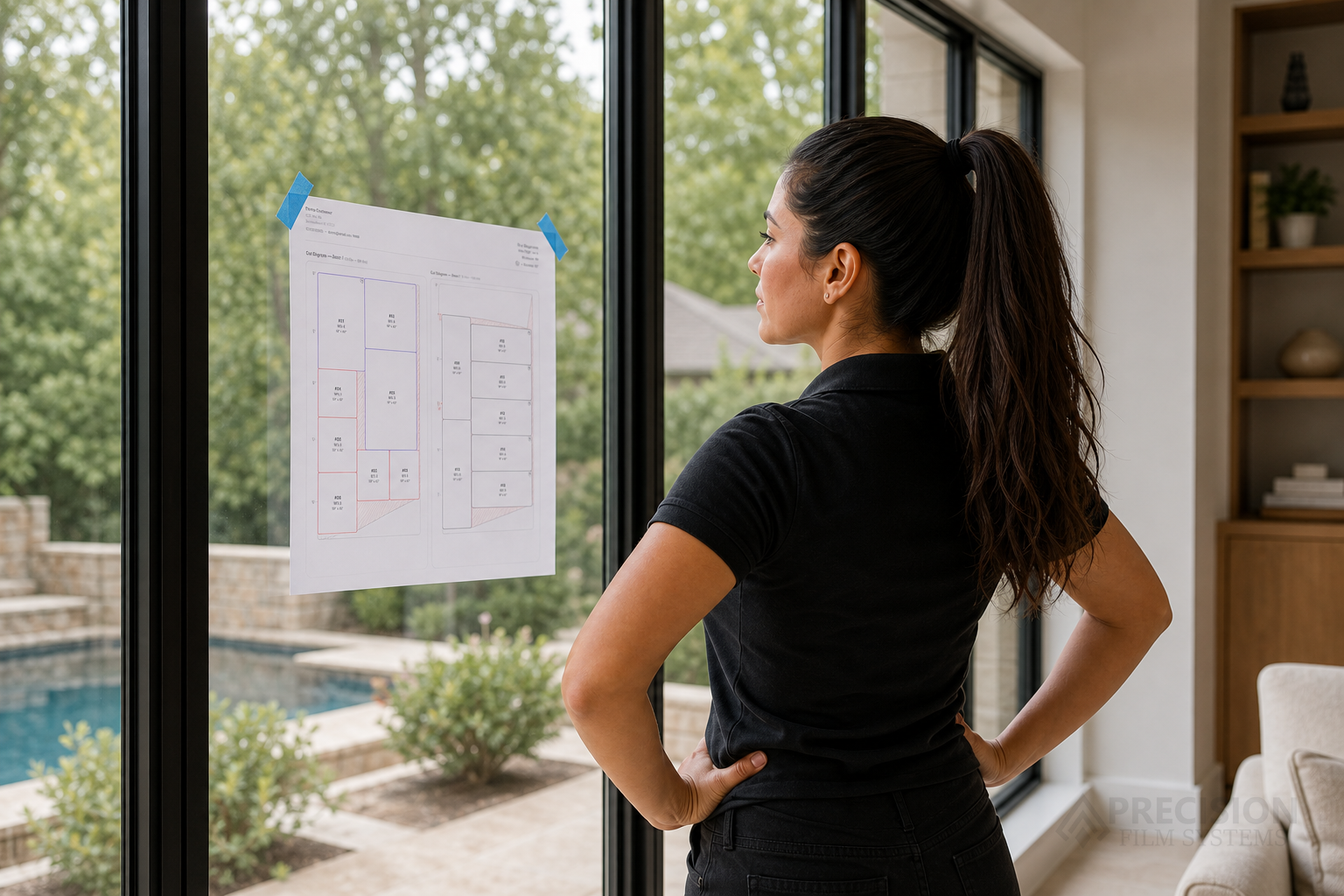 Window film professional reviewing a printed cut diagram taped to a window