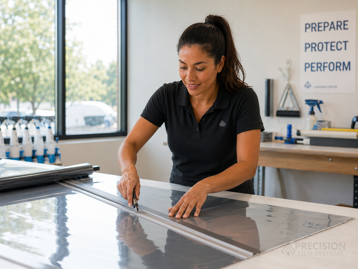 Window film professional cutting film on a shop table with tools and film rolls nearby
