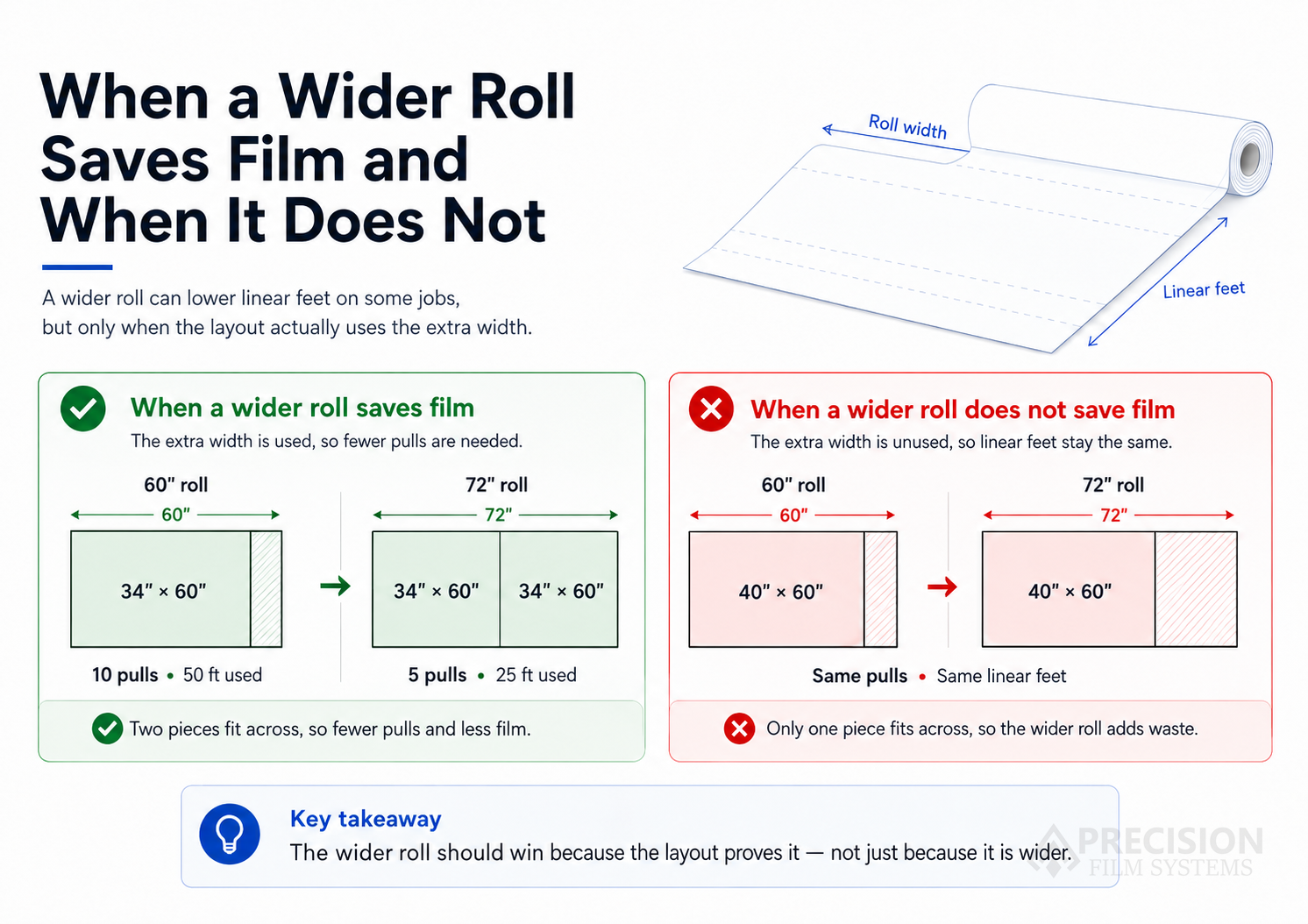 Flat glass window film roll-width comparison showing when a 72 inch roll saves film by fitting two 34 by 60 inch panes across and when it does not save film because one 40 by 60 inch pane still fits across
