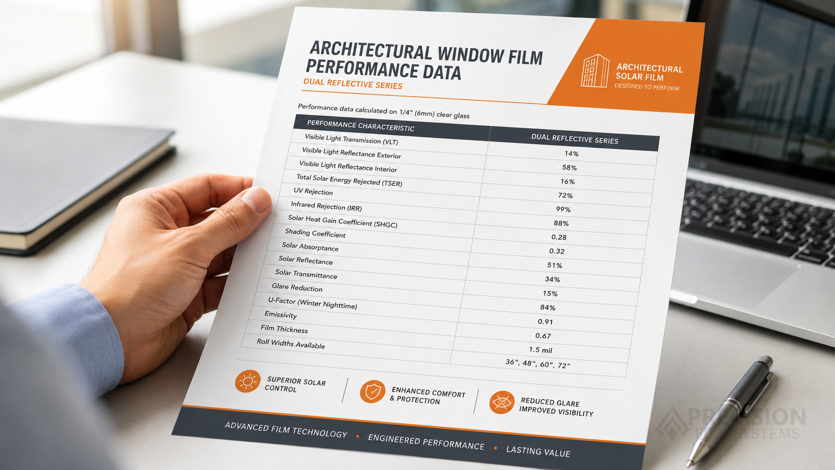 Architectural window film performance data sheet being reviewed at a desk with a laptop and pen nearby
