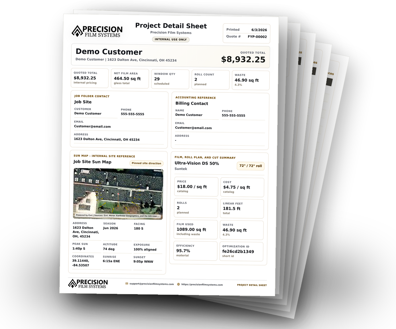 Precision Film Systems Project Detail Sheet with customer info, Sun Map, film selection, roll planning, measurements, and quote totals