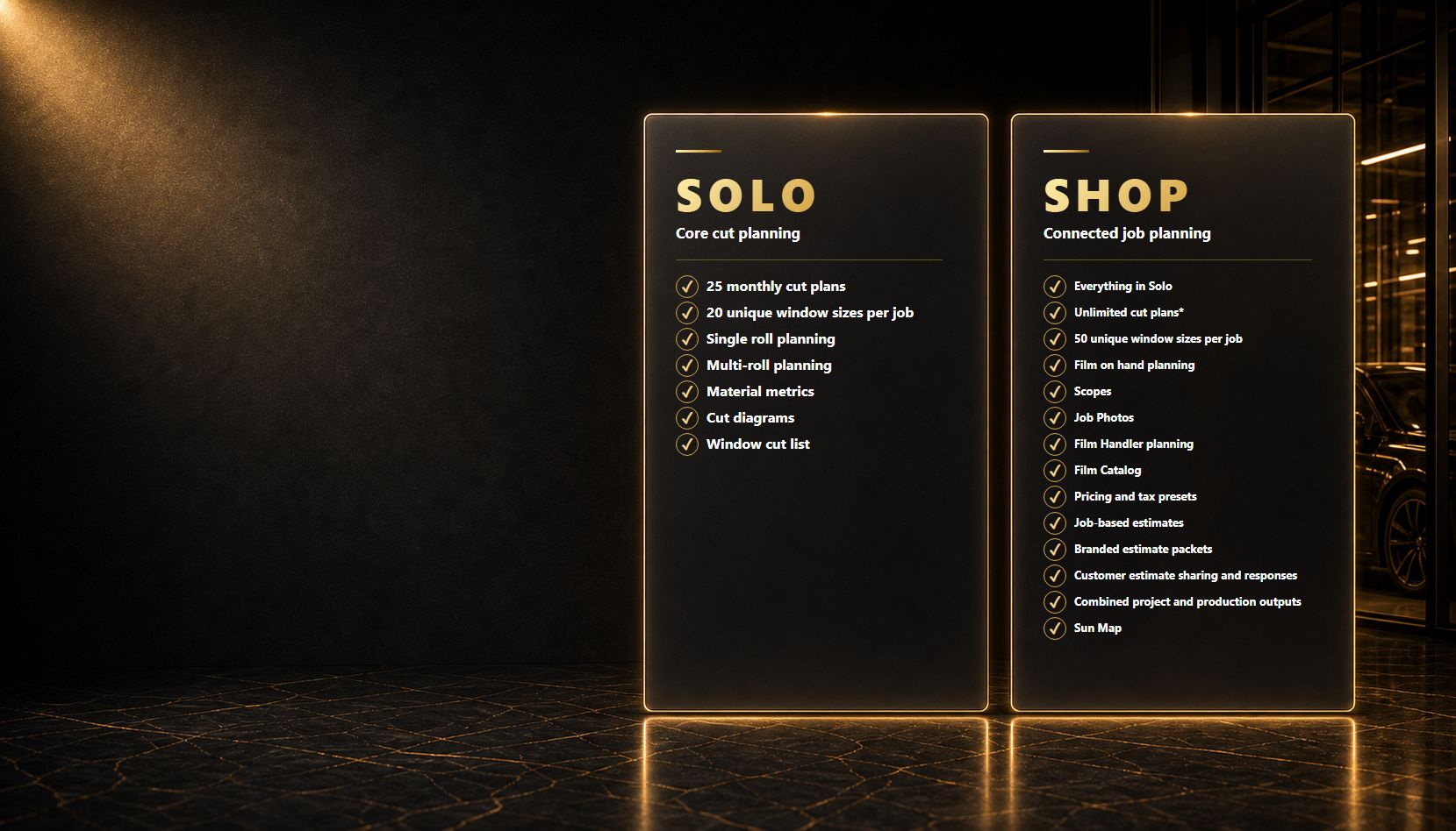 Solo and Shop tier comparison for Precision Film Systems. Solo includes core cut planning features. Shop adds connected job planning features including film on hand planning, Film Catalog, Sun Map, pricing defaults, job details, quote summary, and project detail sheet.